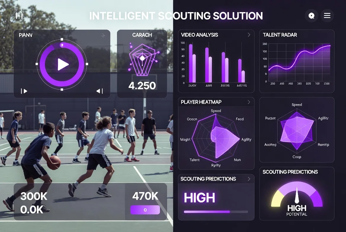 Intelligent scouting dashboard analyzing youth players on a football pitch with talent radar charts