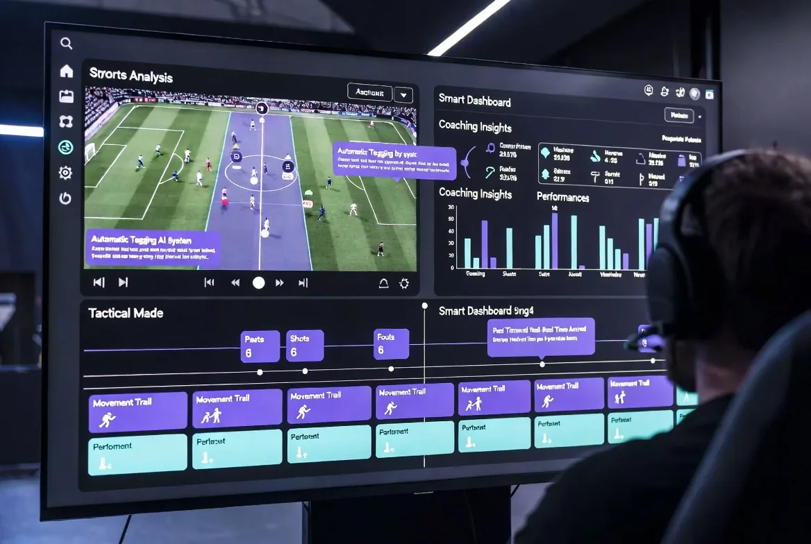 Coach reviewing an AI video analysis dashboard with automatic tagging and tactical mode